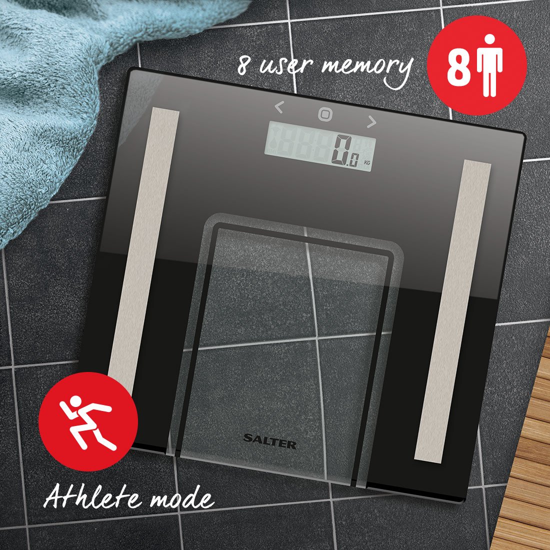 Salter Glass Analyser Bathroom Scale -180 Kg Maximum Capacity, 8 User Memory, Athlete Mode, Digital Weighing Scales, Slim - Image 3