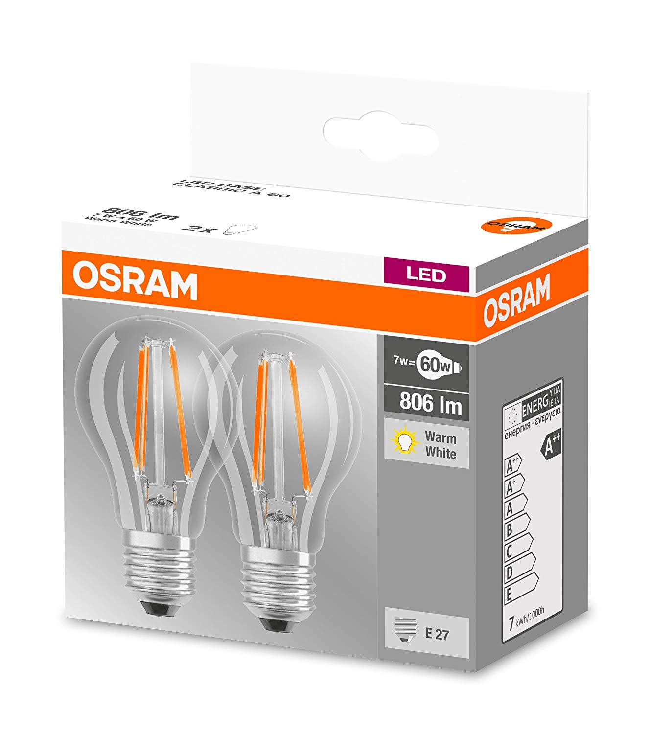 Osram LED Base Classic A, in Piston Shape with E27 Socket, Non-dimmable, 7W, Replaces 60 watts, flam Color Clear, Warm White - Image 4