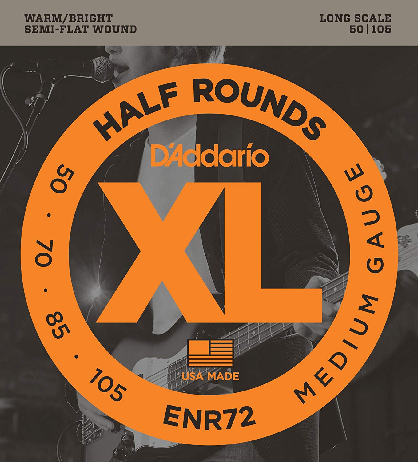 D'Addario XL Half Rounds Bass Guitar Strings - ENR72 - Long Scale - Medium, 50-105, White Black Red Blue