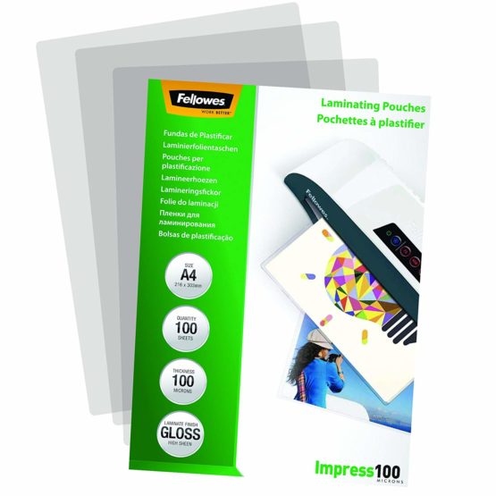 Fellowes A4 Laminating Pouches, Gloss, 200 Micron (2 x 100 Micron) - Pack of 100