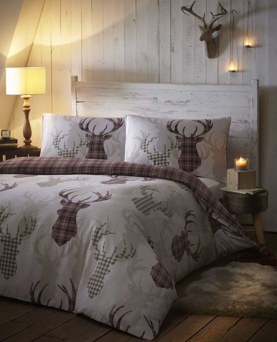 De Cama Tartan Check Stag Double Duvet Quilt Cover Bedding Set Natural & Brown, Cotton and Polyester, Double