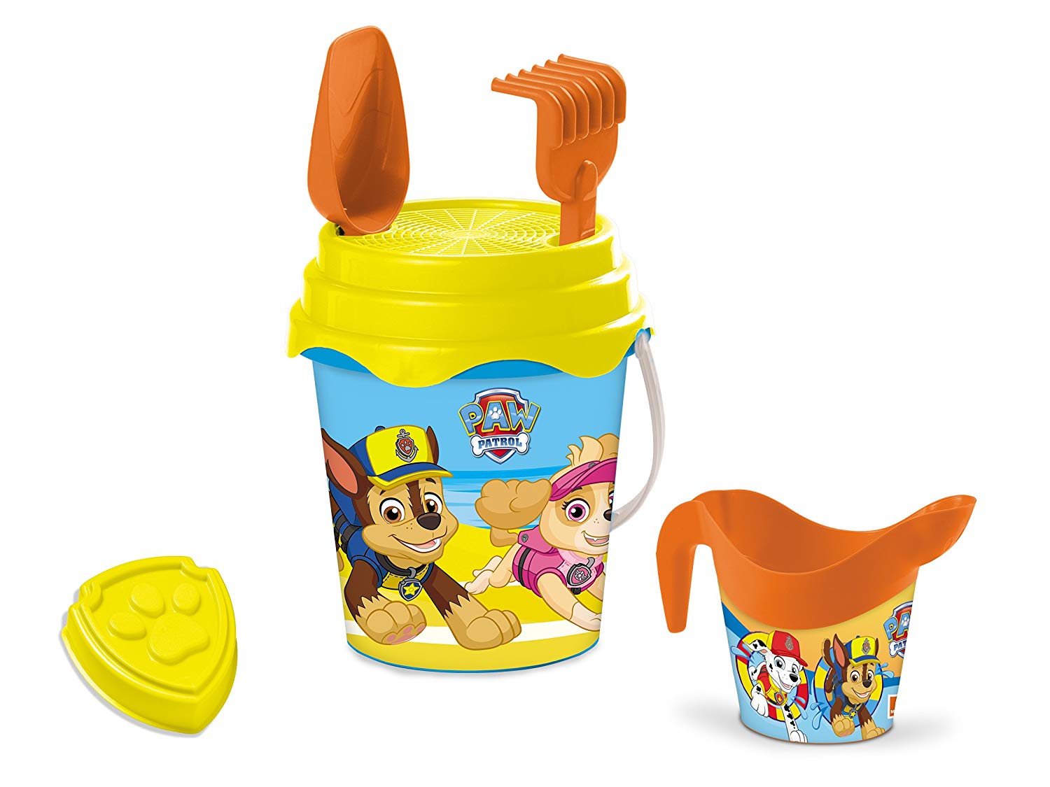 Mondo -28243 Paw Patrol Beach Set, Renew Toys Bucket and Accessories: Sieve, Rake, Shovel, Mould, Watering Can Included 28243