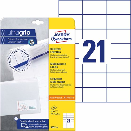 Avery Zweckform 6174 Address Labels A4 Matte Paper 525 Labels 70 x  42.3 mm White 210 Labels 10 Blatt White