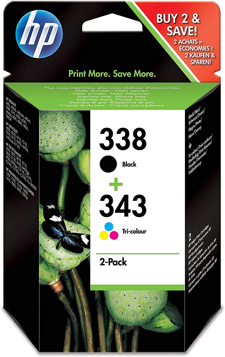 HP SD449EE 338/343 Original Ink Cartridges, Black and Tri-Colour, Multipack, Black/Tri-Colour