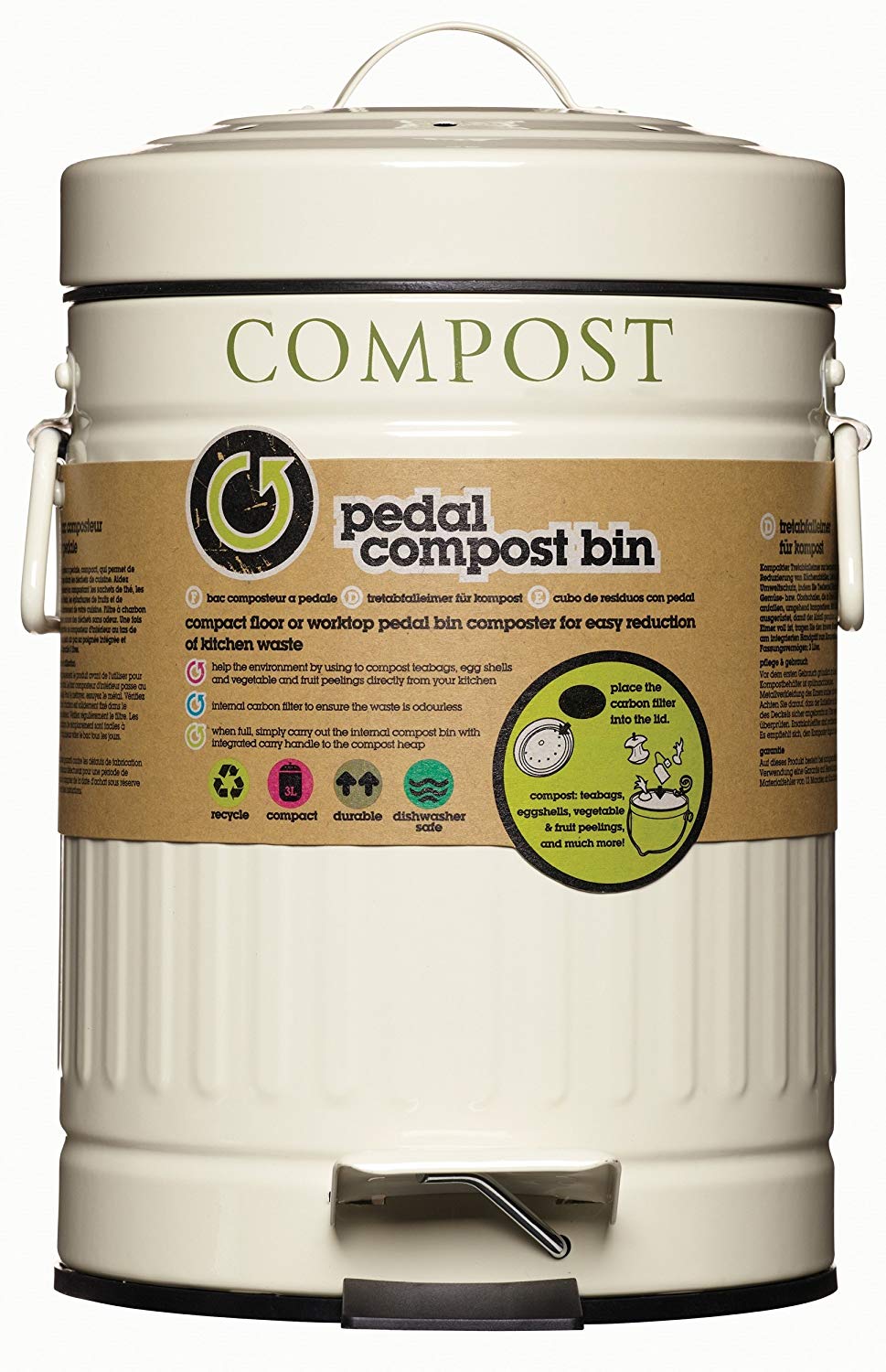 KitchenCraft Pedal-Operated Mini Kitchen Compost Bin, 3 litres (5.25 Pints), Dishwasher Safe (Without The Filter), Cream - Image 3