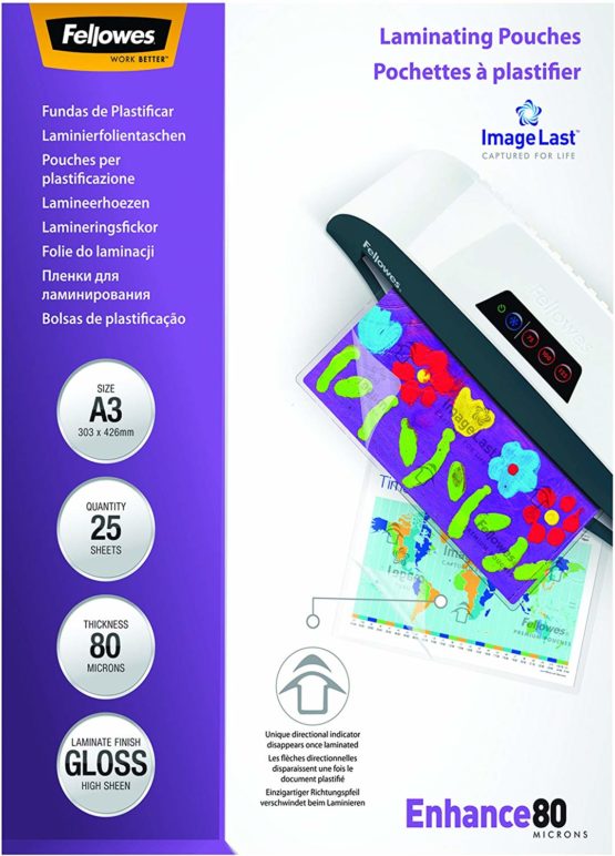 Fellowes A3 Laminating Pouches, Gloss, 160 Micron (2 x 80 Micron) with Image Last Directional Quality Mark, Pack of 100