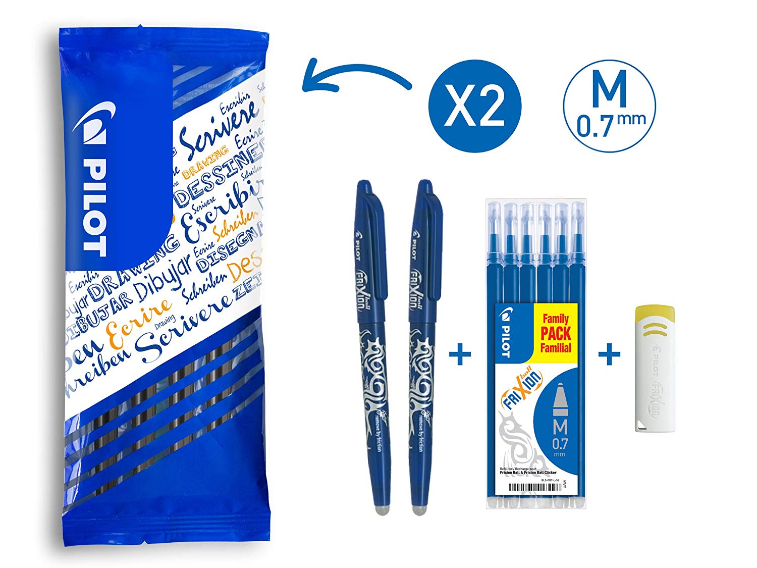 PILOT, Pack of 2 FriXion Ball 0,7, Erasable Pen, Medium, Blue + 6 Refill Blue + Remover, PEN_MARKER_INK_CARTRIDGE_REFILL