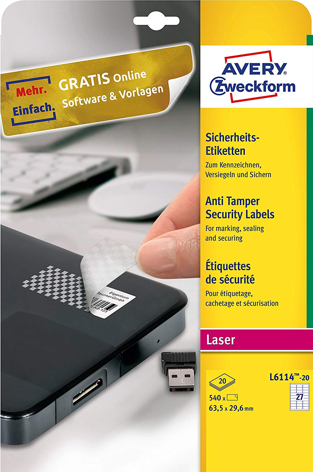 Avery L6114-20 Anti Tamper Labels (A4 Sheets of 63.5 x 29.6 mm, 27 Labels per Sheet, 20 Sheets) - White, 63,5x29,6mm