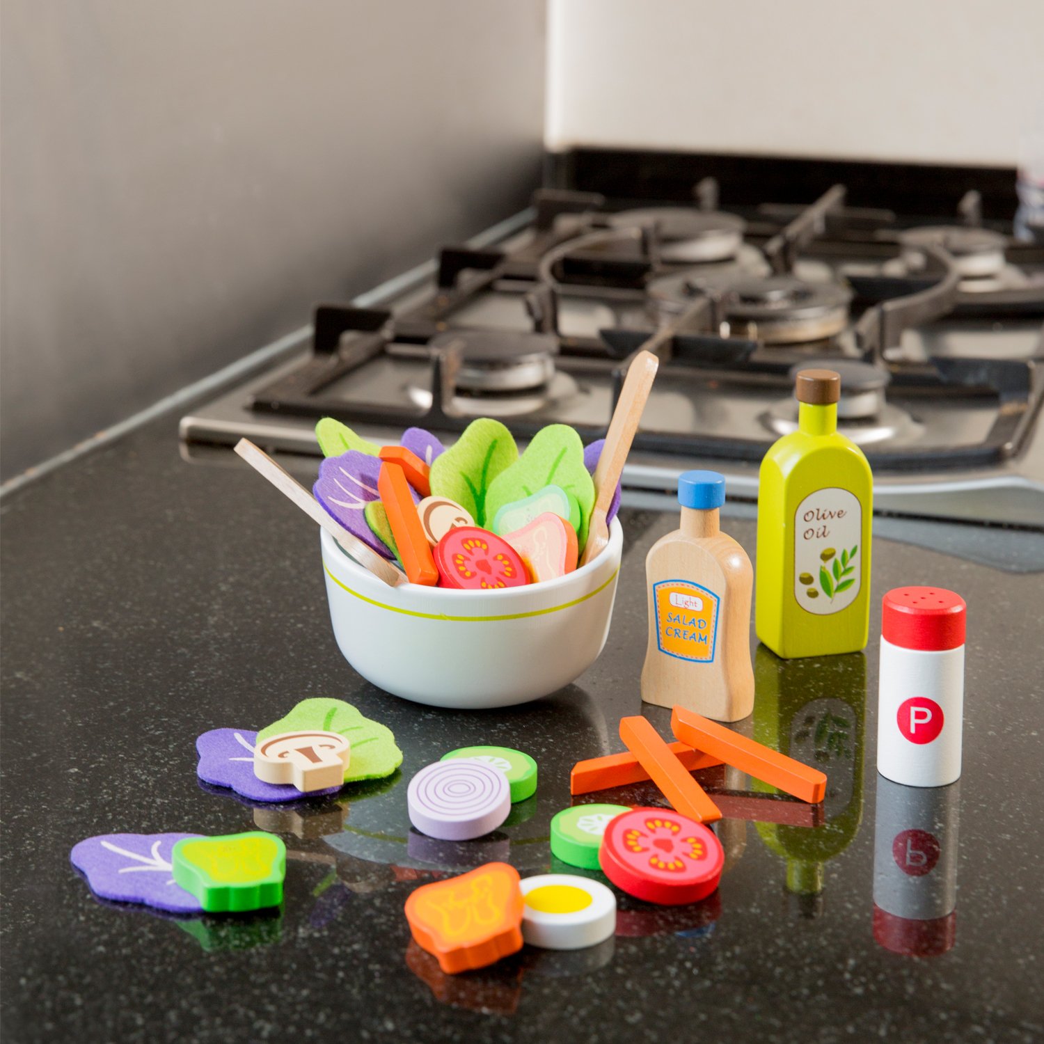 New Classic Toys, Wooden Salad Set including Salad Bowl, Salad Cream and Accessories, Pretend Play Food, Kids Toys - Image 4
