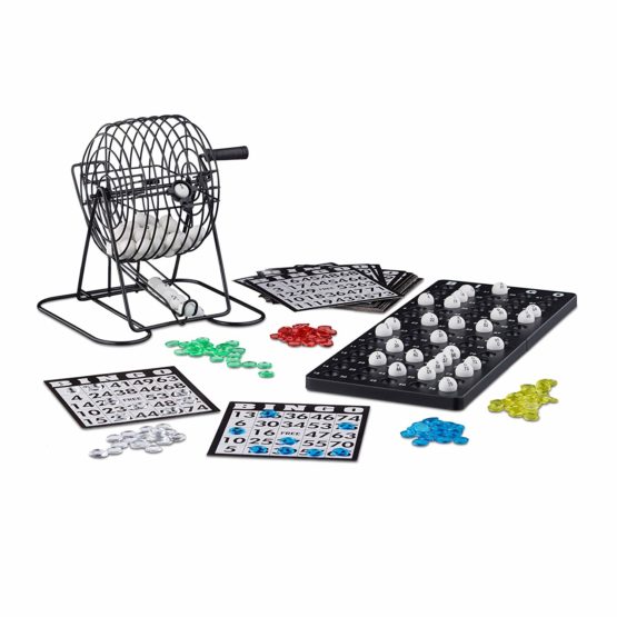Relaxdays Bingo Game with Metal Cage, HxWxD: 20 x 17.5 x 21.5 cm, Bingo Tickets, Loose Balls, Chips, Game Boards, Black