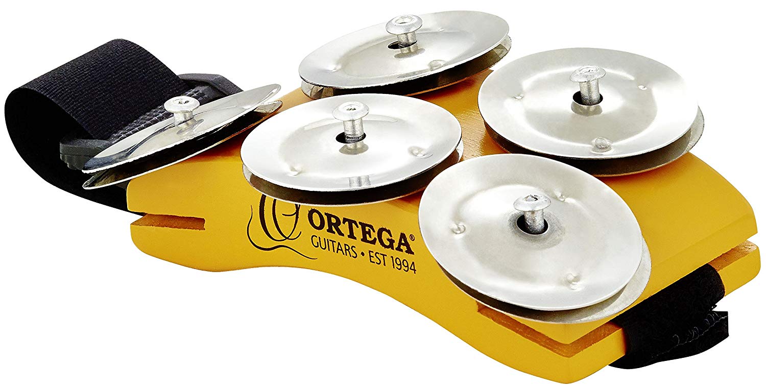 Ortega Guitars Percussion Foot Tambourine - Foot Tambourine with Stainless Steel Jingles - Siam Oak, Orange (OSSFT)