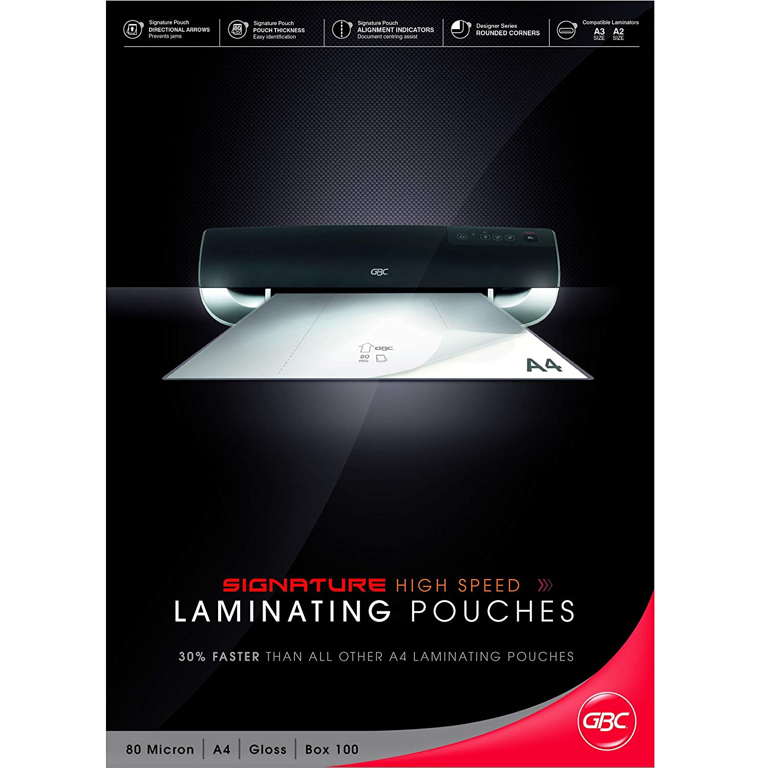 GBC A4 2x80 Micron HighSpeed Gloss Laminating Pouches, Pack of 100, IB049033, Black, Red, Pack 100
