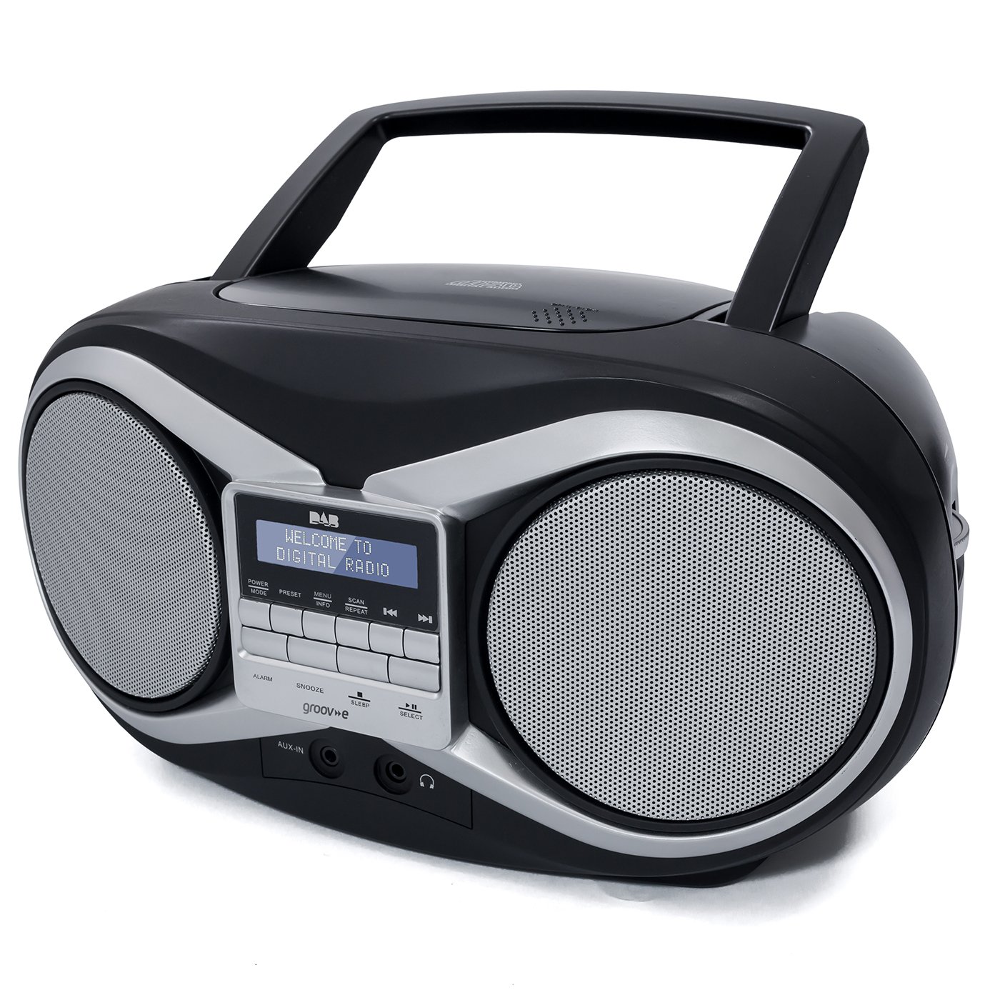 Groov-e Portable CD Player with DAB/FM Digital Radio, 20 Preset Stations, 3.5mm AUX Input, Headphone Jack, LCD Display - Black
