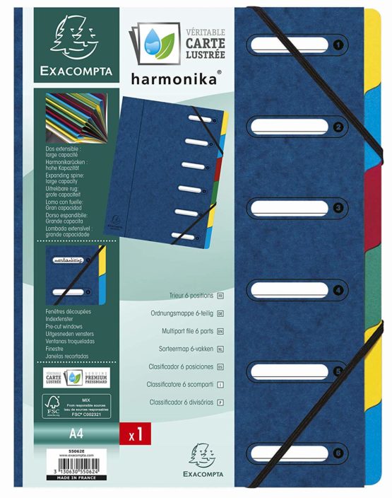 Exacompta Ref - 55062E Harmonika Multipart File, 24.5x32cm for A4 Sized Documents, 6 Tabbed Sections, Expandable Spine, Premium Pressboard Cover in Blue with Multi-Coloured Tabs - Image 3