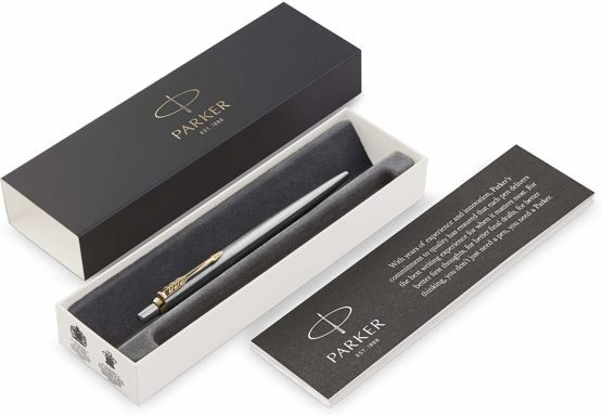 Parker Jotter Ballpoint Pen | Stainless Steel with Golden Trim | Medium Point Blue Ink | Gift Box