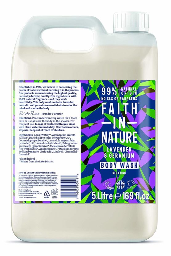 Faith In Nature Natural Lavender and Geranium Body Wash, Nourishing, Vegan and Cruelty Free, No SLS or Parabens, 5 L Refill Pack