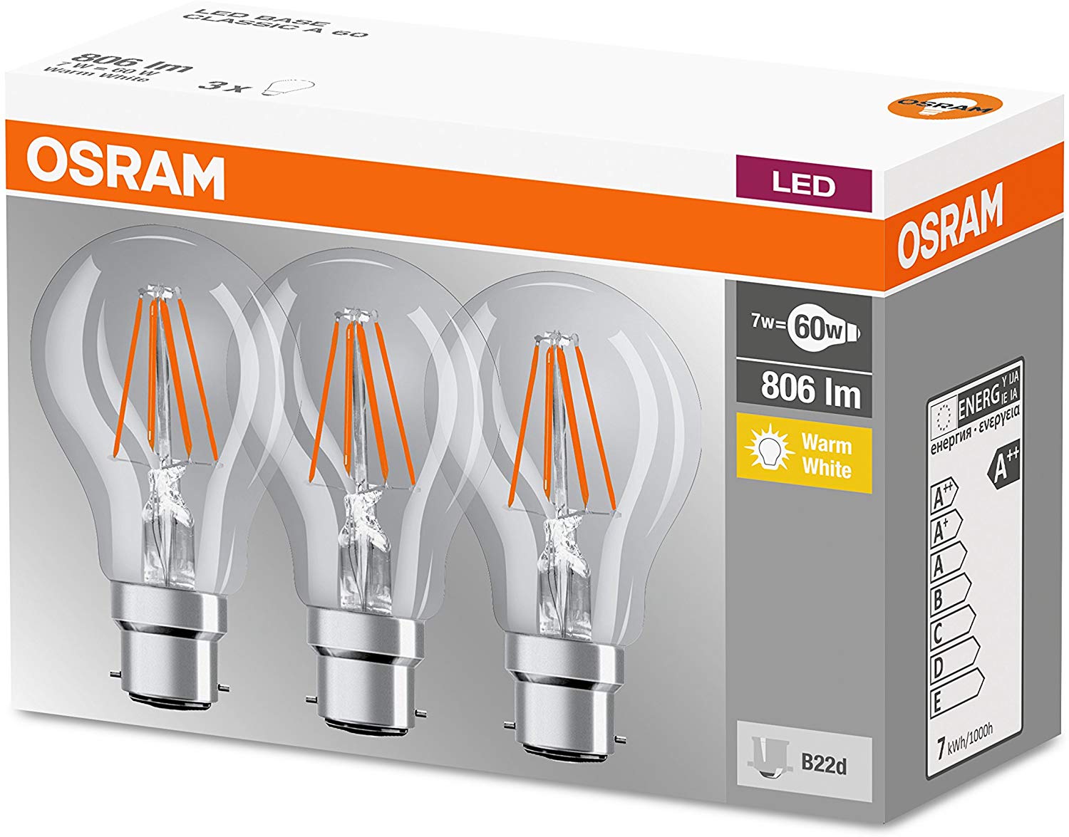 Osram Bulb Shape Base Classic A LED Lamp, Glass, Warm White, B22d, 7 W, Set of 3, 3 Count (Pack of 1) - Image 4