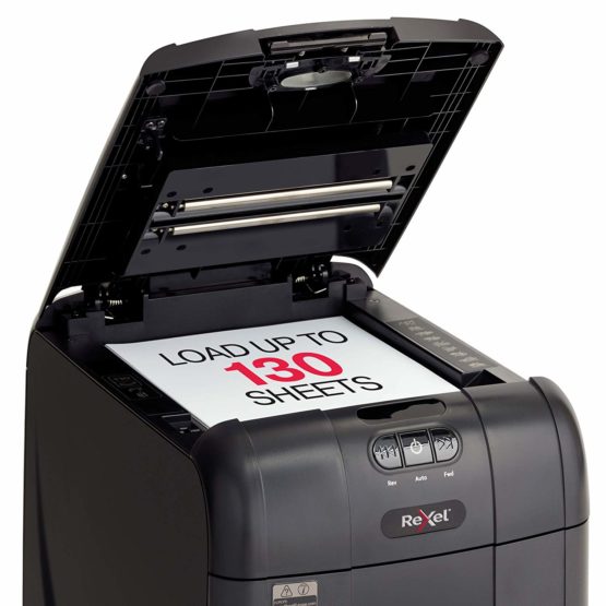 Rexel Auto+ 130M 2104100A Auto Feed 130 Sheet Micro Cut Shredder for Personal or Executive Use (Up to 2 Users), 26 Litre Removable Bin, Includes Shredder Oil Sheets, Black - Image 3
