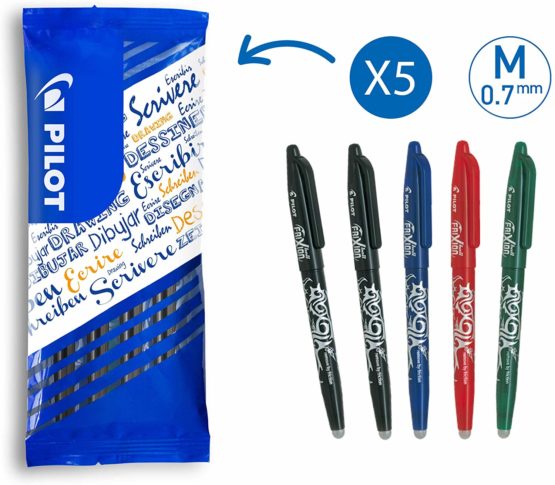 Pilot Frixion Erasable Rollerball 0.7mm Tip - 2 Black/1 Blue/1 Red/1 Green (Pack of 5)