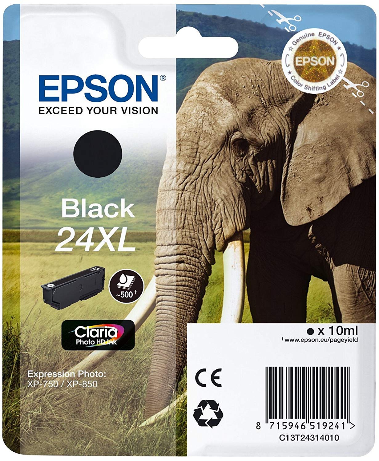 Epson 24XL Black Elephant High Yield Genuine, Claria Photo HD Ink Cartridge, XL High Capacity