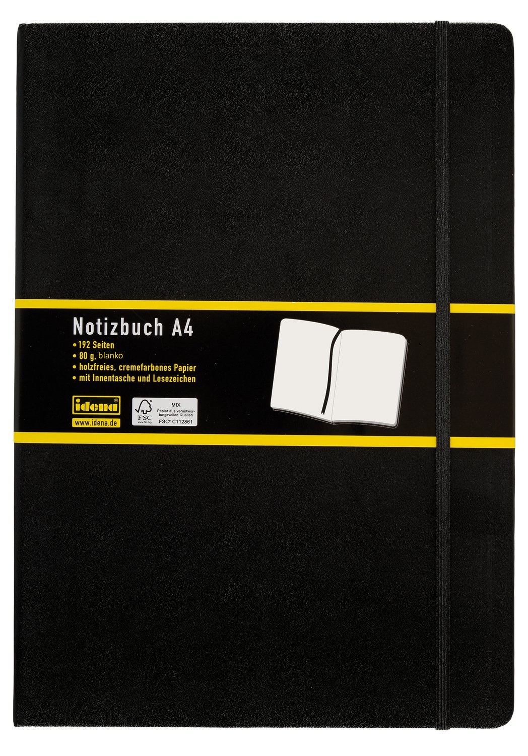 Idena 10053 Notebook DIN A4, Blank, Cream Paper, 192 Pages, 80 g/m², Hard Cover in Black, Pack of 1