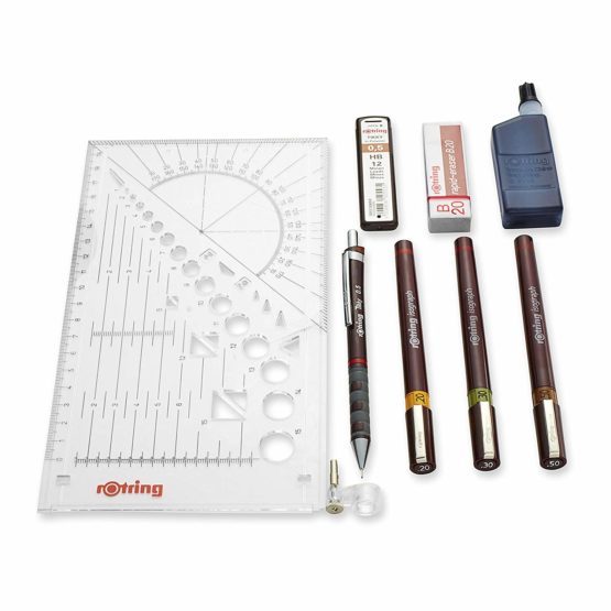 Rotring Isograph College Set 3X Technical Pens (0.20mm, 0.30mm, 0.50mm), 1x Tikky Pencil + Accessories, Red - Image 2