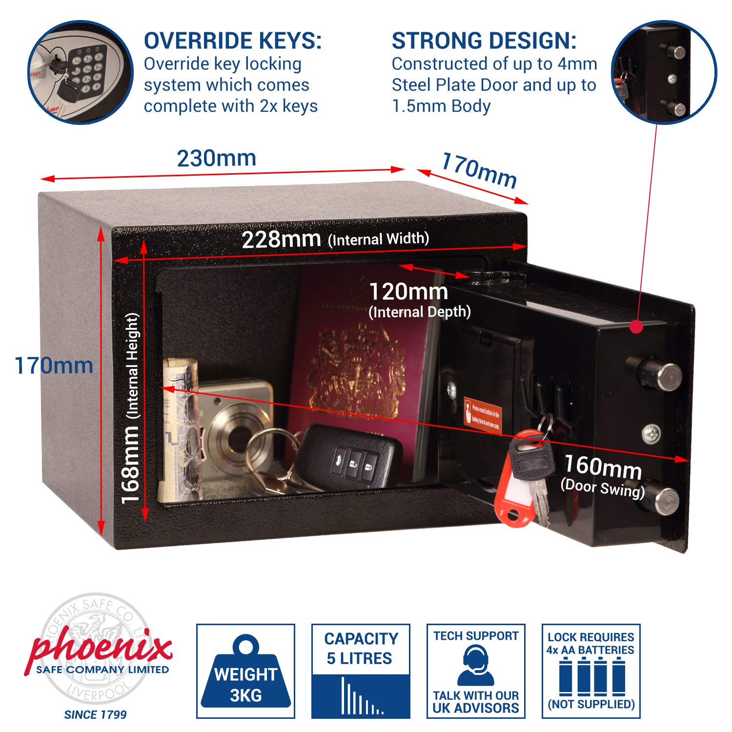Phoenix Safe Compact Home Office SS0721E Security Safe with Electronic Lock, Steel, Black, 17 cm (D) x 23 cm (W) x 17 cm (H) - Image 3