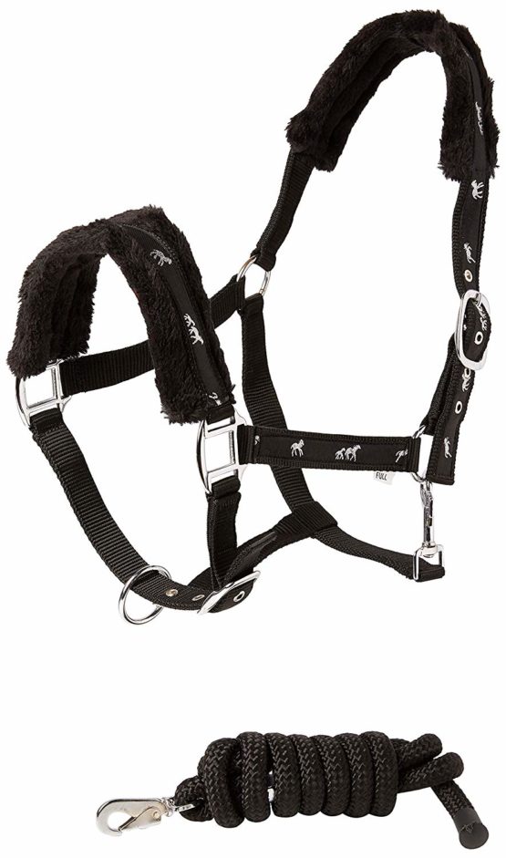 Cwell Equine NEW Horse print fur padded headcollars halter + matching lead Set BLACK FULL/COB/PONY