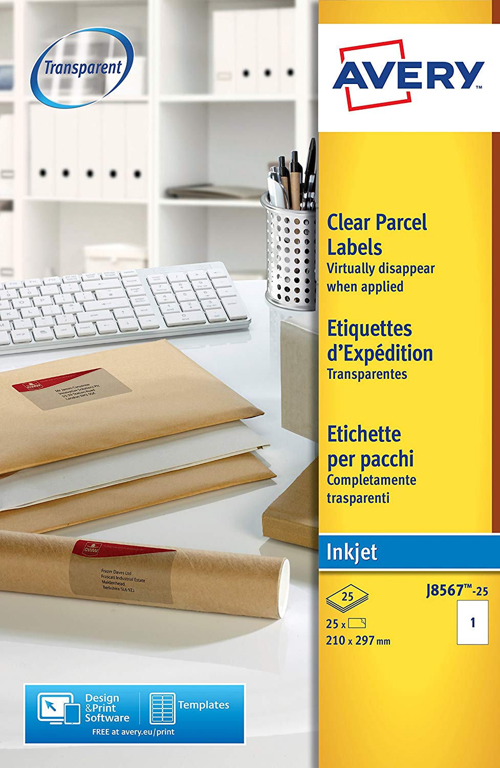 Avery Printable, Customisable Clear Parcel Address Labels, Inkjet Printers, 1 Label per A4 Sheet, 25 Labels, Quickdry (J8567) - Image 3
