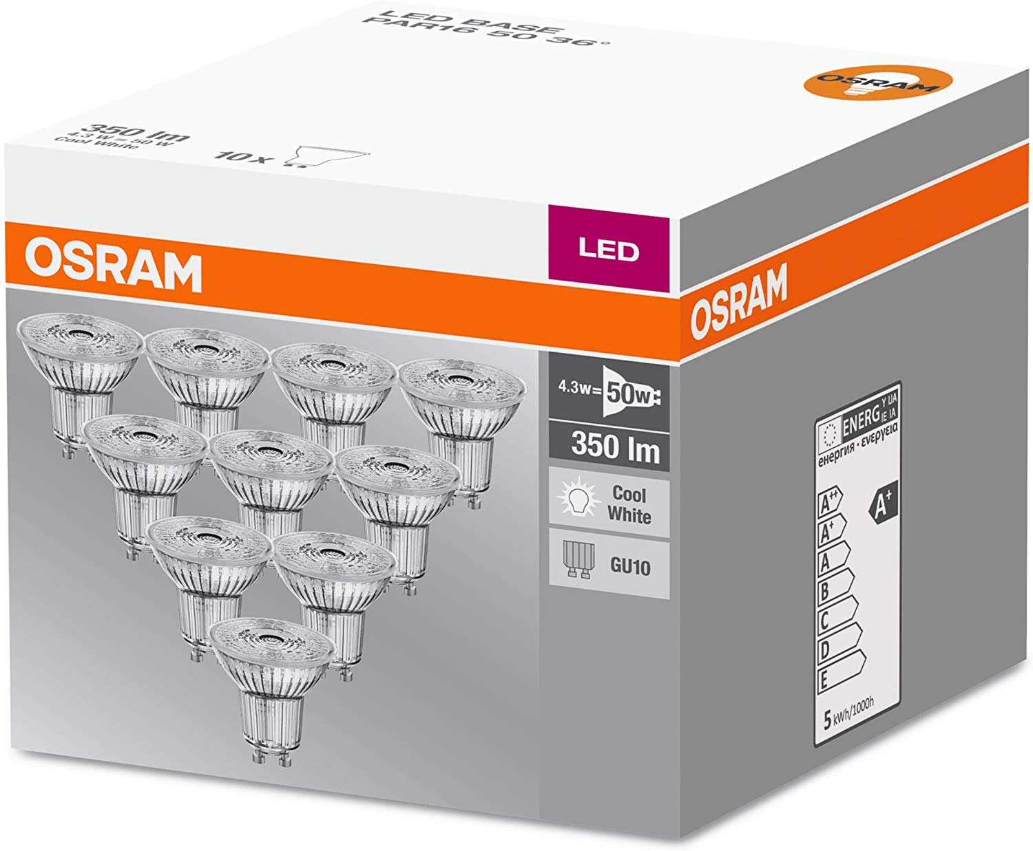 OSRAM LED Base PAR16 / LED-Reflectorlamp with GU10-base / not dimmable / replacement for 50 Watt / 36° beam angle/ cool white - Image 4