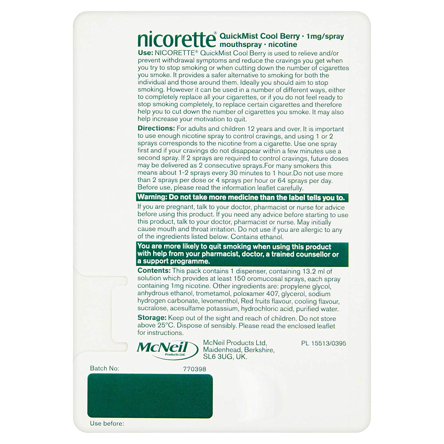 Nicorette Quickmist Cool Berry Mouthspray, Nicotine Mouthspray- Single- 150 Sprays (Quit Smoking and Stop Smoking Aid) - Image 2