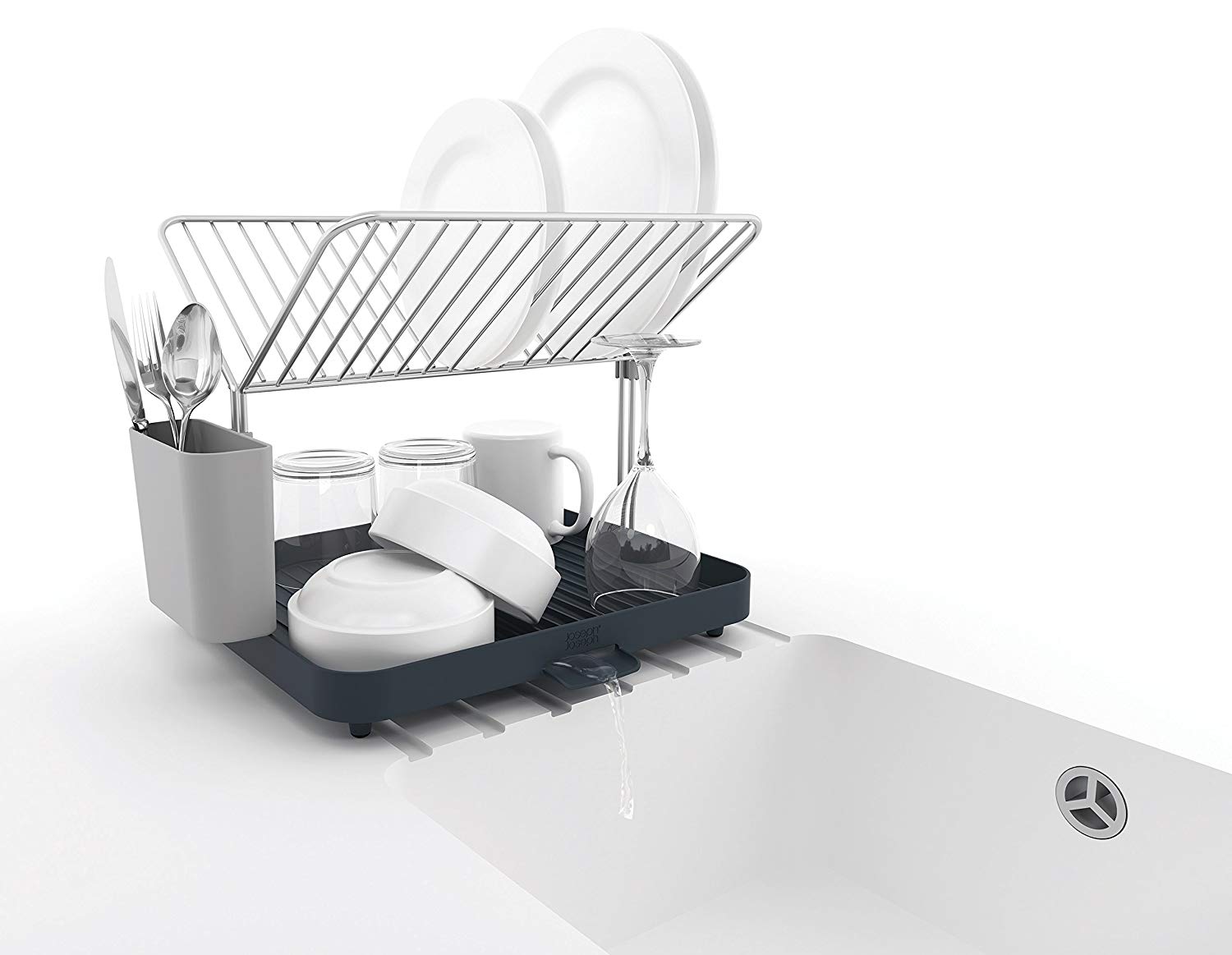 Joseph Joseph Y-Rack - Space saving 2 Tier Dish Drainer Rack with self-draining utensil pot and spout, Grey - Image 4