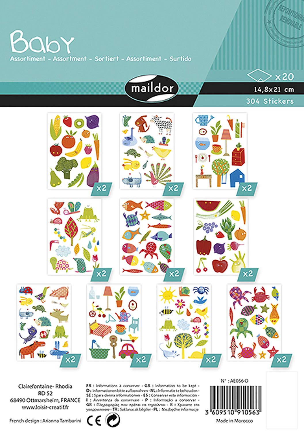 Maildor, Ref AE056O, Baby Stickers (Pack of 20 Sheets), 21 x 14.8cm, Mixed Designs, 304 Stickers Total, Brightly Coloured