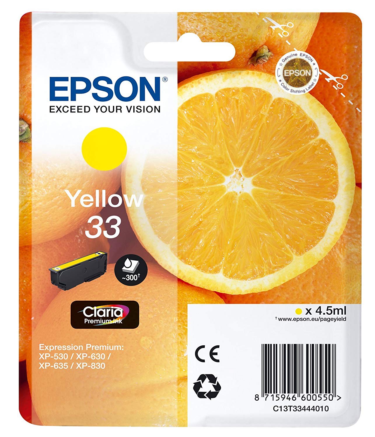 Epson 33 Yellow Oranges, Genuine, Claria Premium Ink, Standard