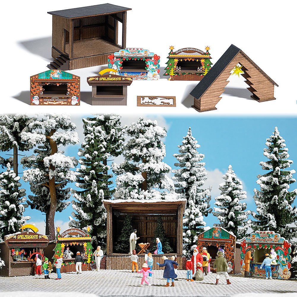 Busch 1183 Christmas Market Set HO Structure Scale Model Structure, Brown, Green, Small - Image 2