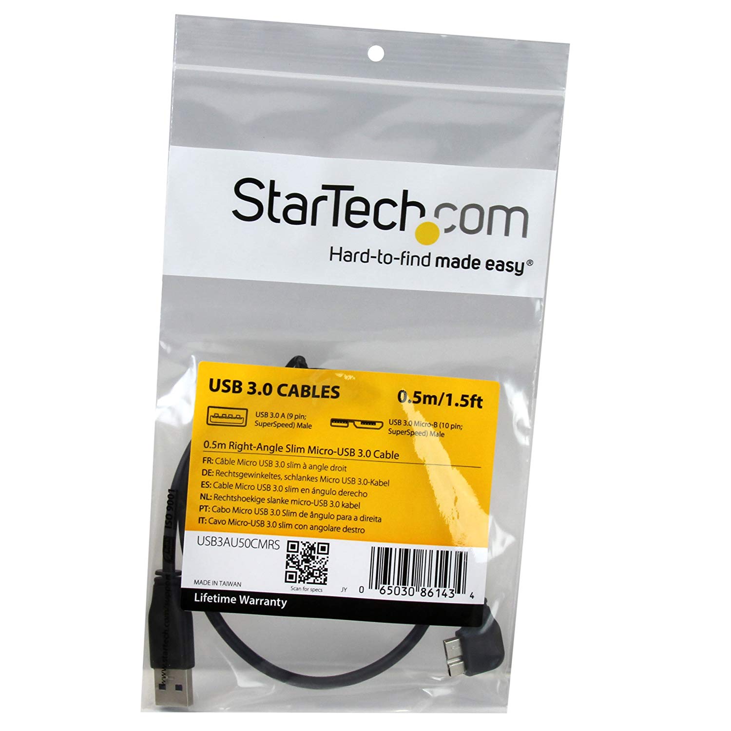 StarTech.com 0.5m 20in Slim Micro USB 3.0 Cable M/M, Right-Angle Micro-USB, USB 3.0 A to Micro B - Image 4