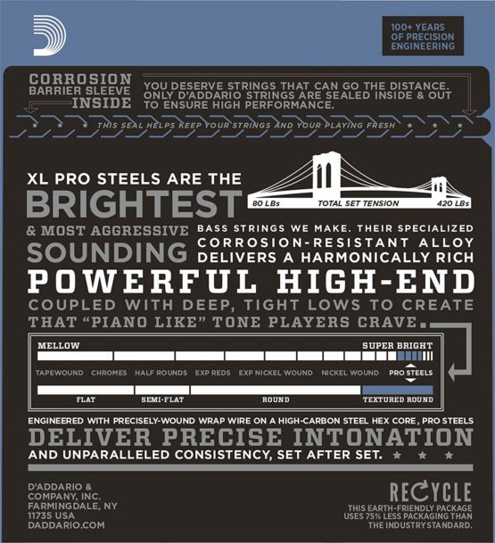 D'Addario EPS170-5 XL ProSteels Regular Light (.045-.130) 5-String Electric Bass Guitar Strings - Image 2