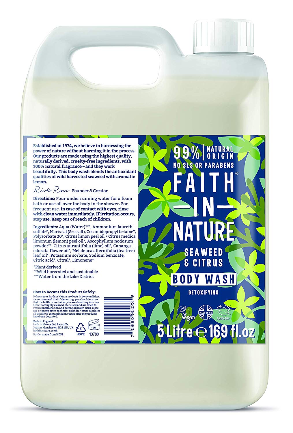 Faith In Nature Natural Seaweed & Citrus Body Wash, Restorative Shower Gel, Vegan & Cruelty Free, No SLS or Parabens, 5L Refill Pack
