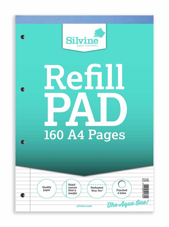 Silvine 160 Page A4 Refill Pad, Head Bound and Punched 4 Holes. Ruled Narrow Feint with Margin. Ref A4RPNM [Pack of 6]