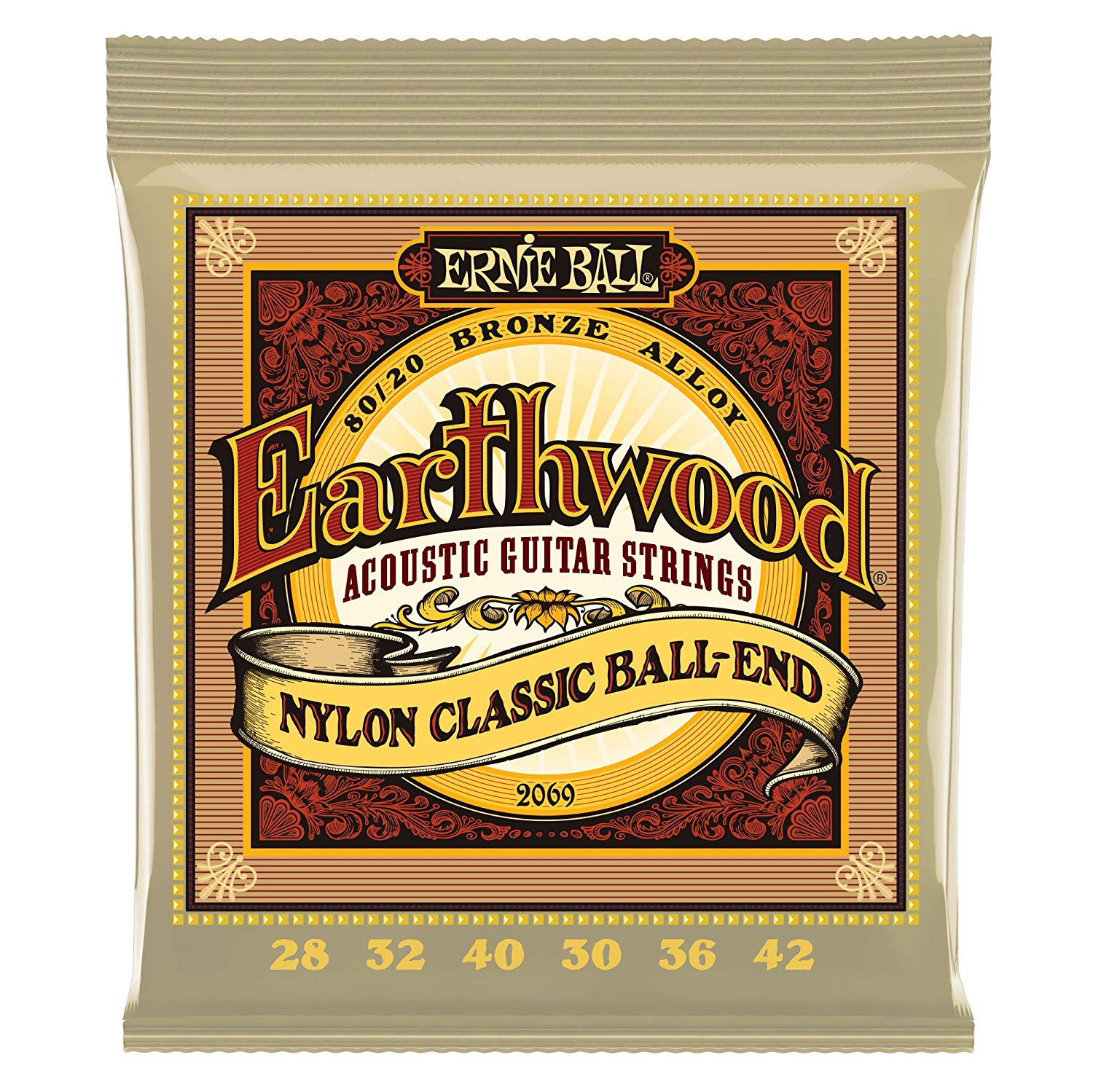 Ernie Ball Earthwood Folk Nylon, Clear and Gold Ball End, 80/20 Bronze Acoustic Guitar Strings - 28-42 Gauge