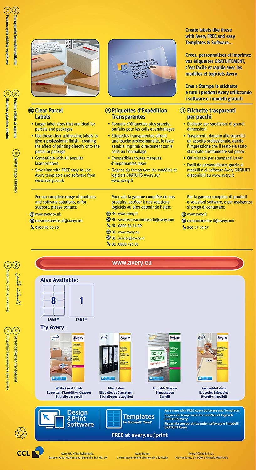 Avery Printable, Customisable Clear Parcel Shipping Labels, Laser Printers, 8 Labels Per A4 Sheet, 200 Labels, QuickPEEL (L7565), White - Image 2