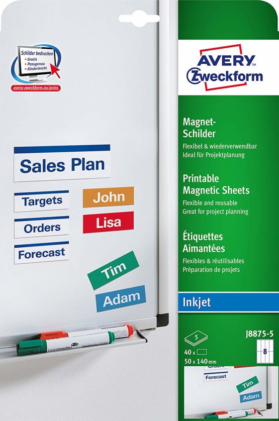 Avery Zweckform J8875-5 Printable Magnetic Sheets with Special Coating 50 x 140 mm 5 Sheets / 40 Labels White