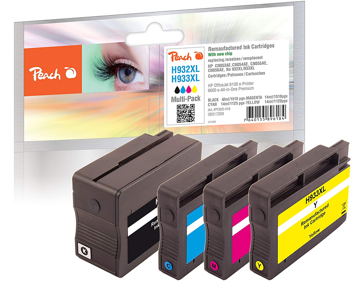 Peach Combi Pack with chip, compatible with HP No. 932XL, No. 933XL, Multi-Pack (Schwarz, Gelb, Magenta, Cyan), Multi-pack XL