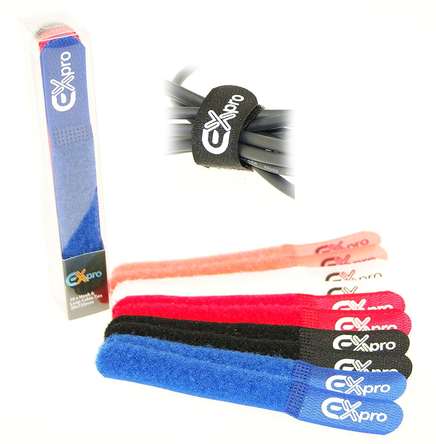 Ex-Pro® Reusable Hook & Loop Self-Gripping Cable Ties 150mm x 20mm - 10 Pack Coloured, 150x20mm x10