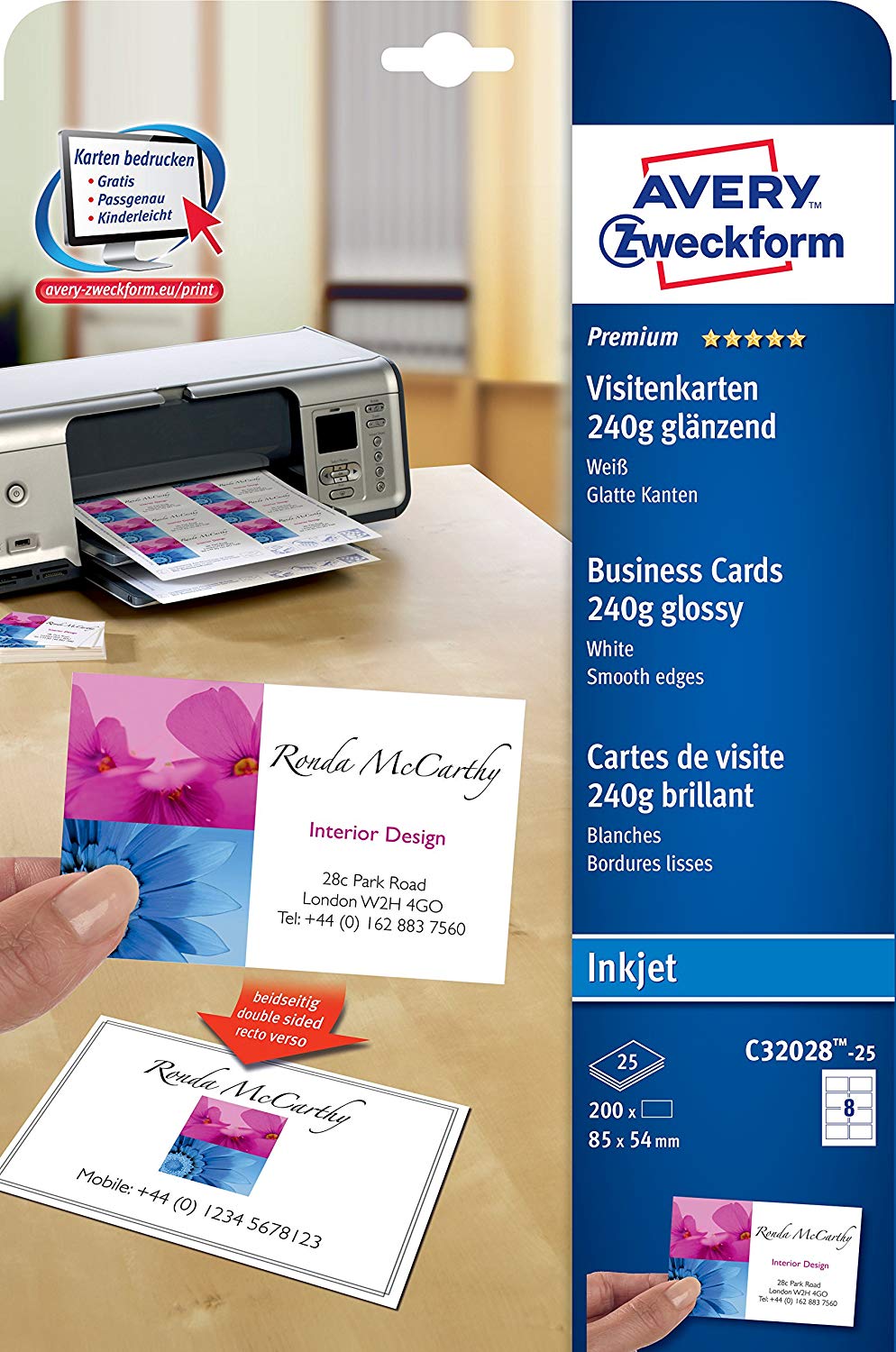 Avery Zweckform C32028-25 Premium Business Card Special Inkjet Coating on Both Sides Gloss Finish 85 x 54 mm 240g/sqm / 25 Sheets / 200 Items