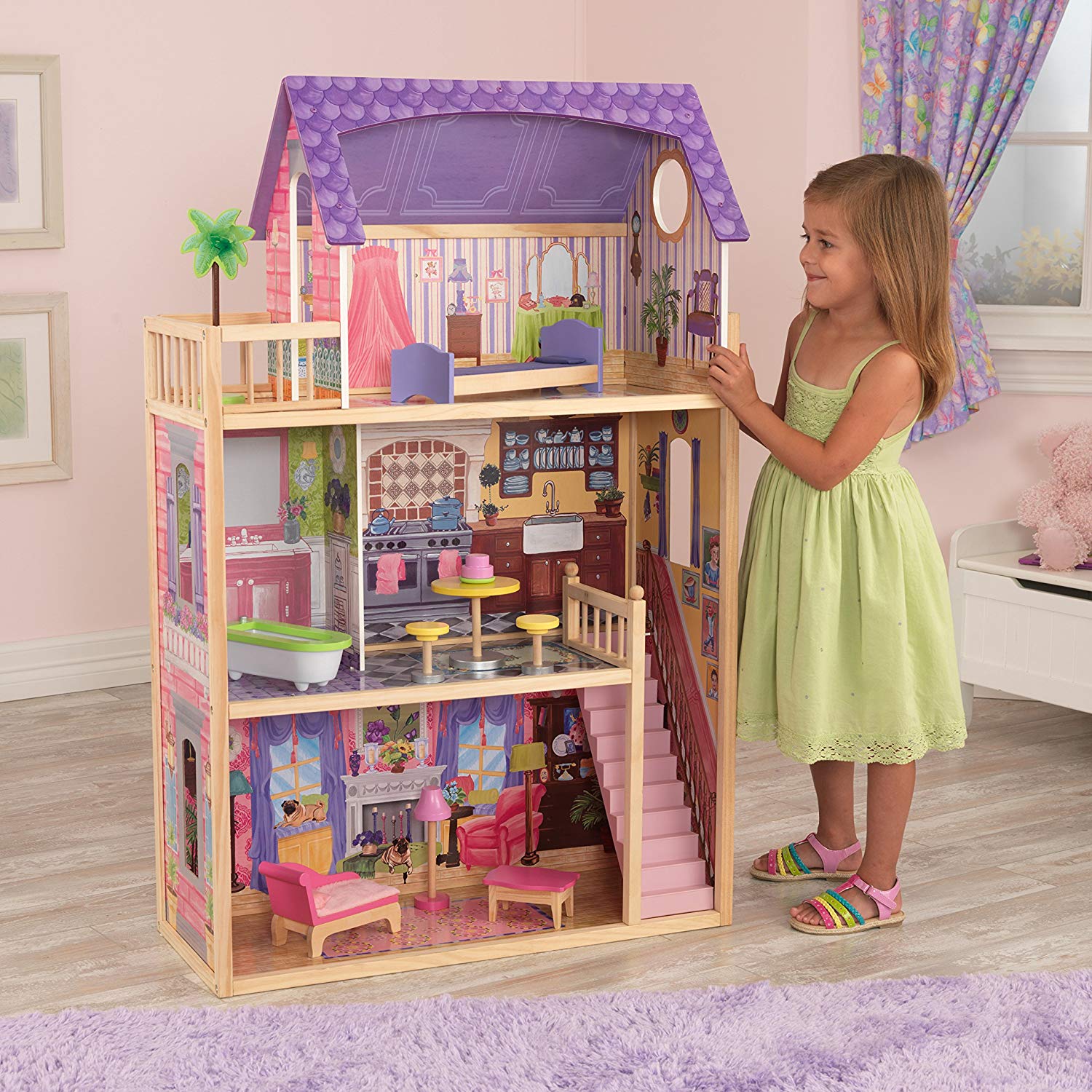 KidKraft Kayla Wooden Dolls House with Furniture and Accessories Included, 3 Storey Play Set for 30 cm/12 Inch Dolls - Image 4