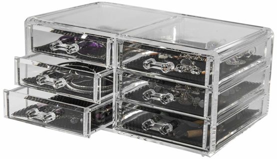 Compactor Make up and Jewellery Storage Box Drawer Organiser, With 6 Drawers, 23.8 x 15 x H. 11 cm, Polystyrene and Fabric, Transparent, RAN6044