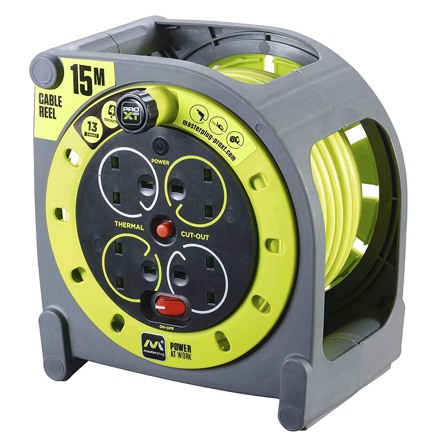 Masterplug Four Socket, 15 Metre Premium Case Reel, Medium Power Cable Extension Reel, Thermal Cut-Out & Power Indicator