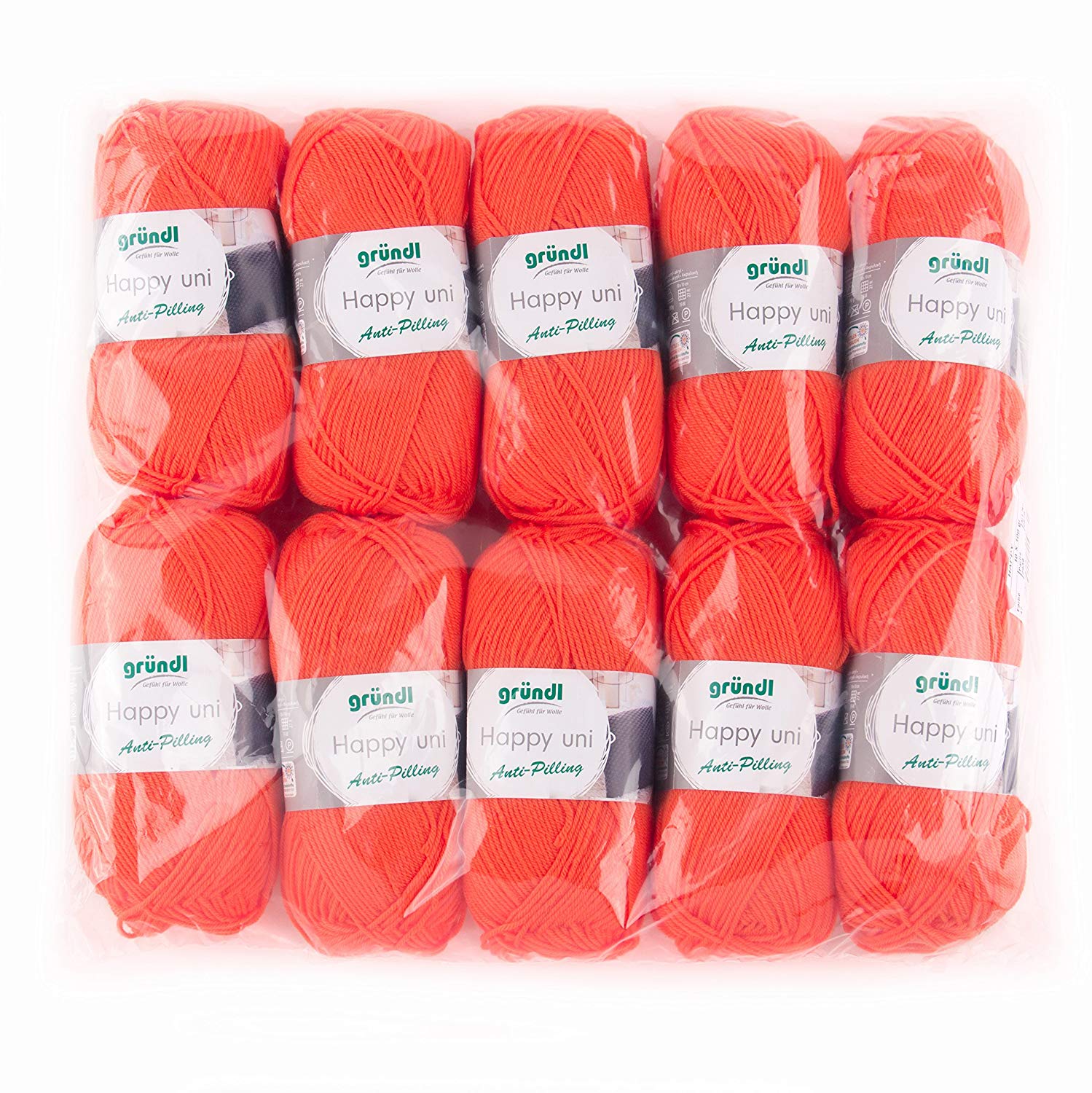 Gründl “Happy Uni”, 10x balls of 100 g knitting yarn, 100% acrylic, 40 cm x 39 cm x 9 cm, 100% Polyacrylic, Orange, 40 x 39 x 9 cm