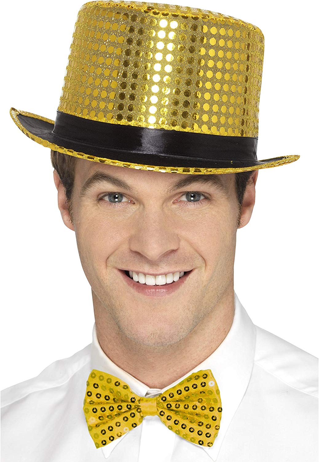 Smiffys Sequin Top Hat, Gold with Elastic Inner Rim, Party & Carnival Fancy Dress, Adult Dress Up Hats